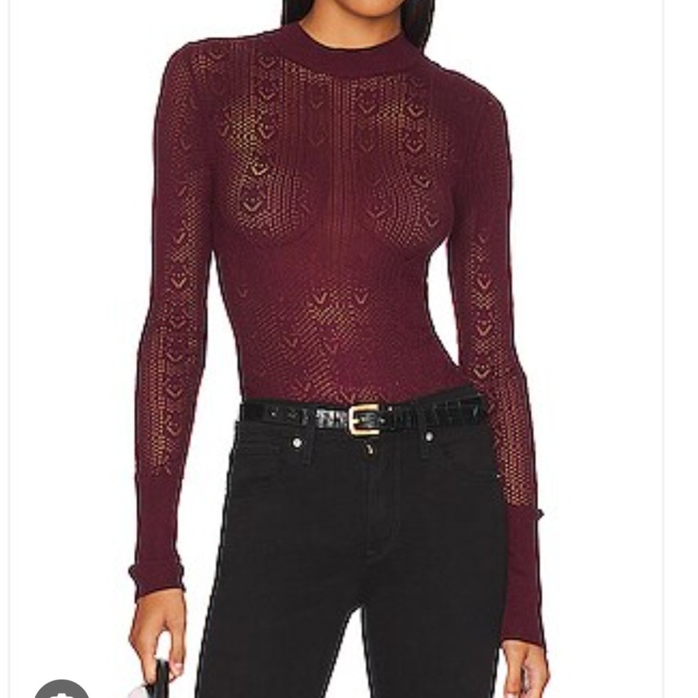 Free People Sunday Best Bodysuit Acai Purple Pointelle Heart Mock Neck XS NEW